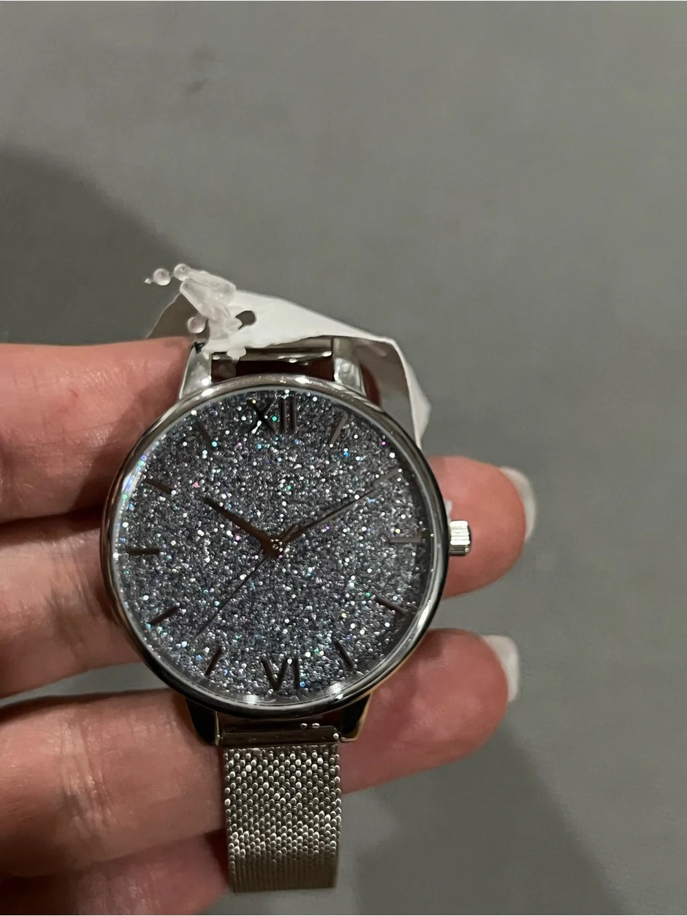 OLIVIA BURTON Silver Glitter Dial Silver Mesh Strap Watch
